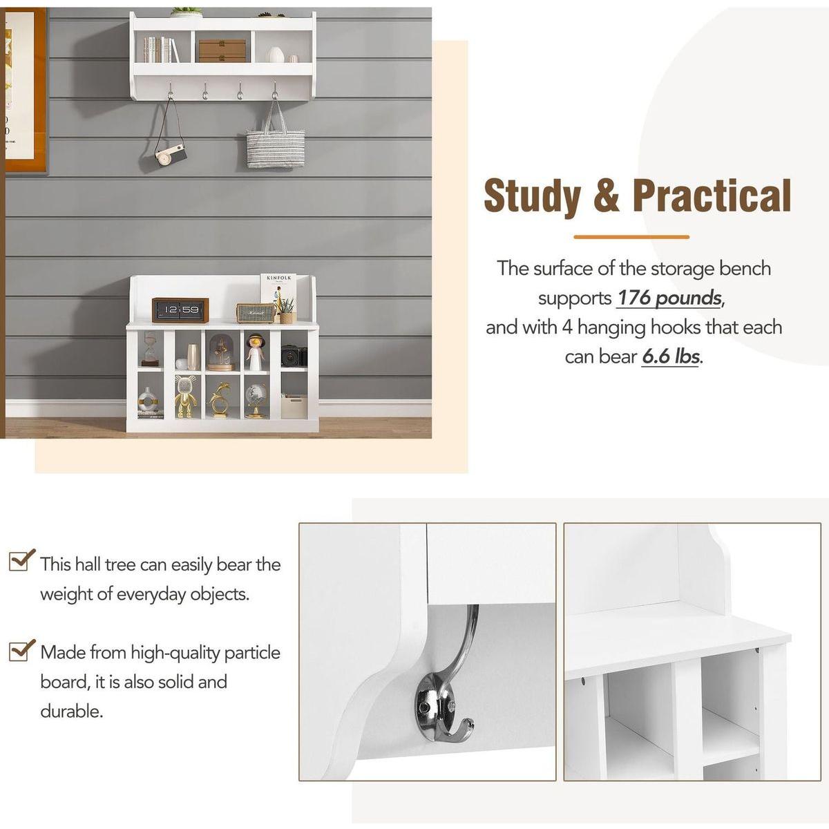 Shoe Storage Bench with Shelves and 4 Hooks, Elegant Hall Tree with Wall Mounted Coat Rack, Entryway Organizer For Hallway, Foyer, Mudroom, White