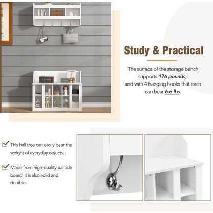 Shoe Storage Bench with Shelves and 4 Hooks, Elegant Hall Tree with Wall Mounted Coat Rack, Entryway Organizer For Hallway, Foyer, Mudroom, White