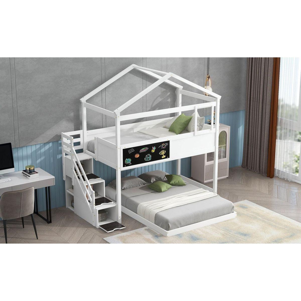 Twin over Full House Bunk Bed with Storage Staircase and Blackboard,White
