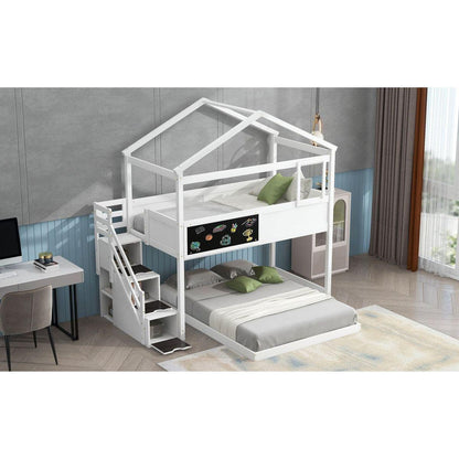 Twin over Full House Bunk Bed with Storage Staircase and Blackboard,White