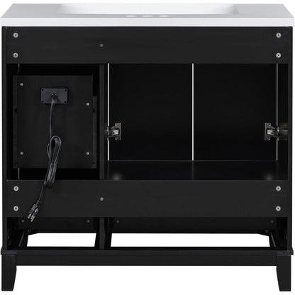 36 Inch Modern Bathroom Vanity with USB Charging, Two Doors and Three Drawers Bathroom Storage Vanity Cabinet, Small Bathroom Vanity cabinet with single sink, Black - Faucets Not Included