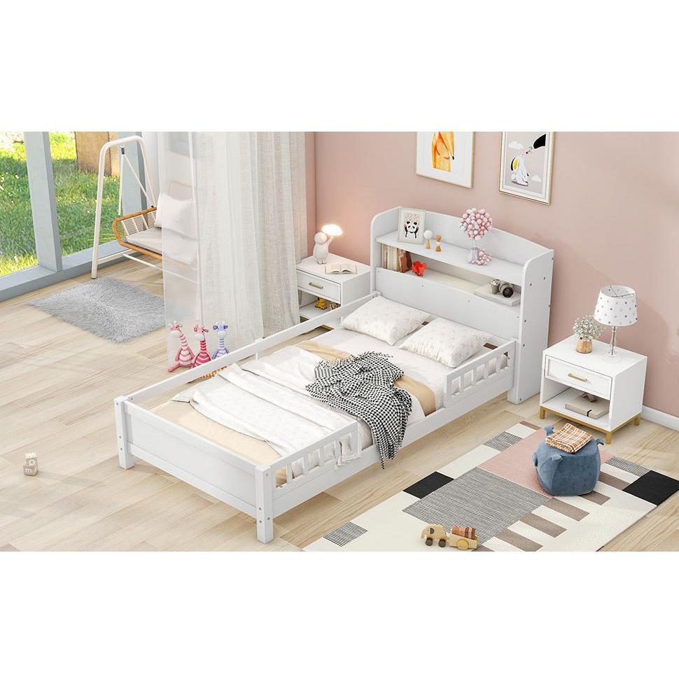 Wood Twin Size Platform Bed with Built-in LED Light, Storage Headboard and Guardrail, White