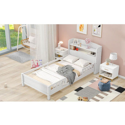 Wood Twin Size Platform Bed with Built-in LED Light, Storage Headboard and Guardrail, White