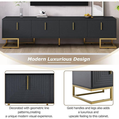 Modern TV Stand with Metal Legs and Gold Handles for TVs Up to 80", Media Console Table with Cabinets and Adjustable Shelves, Luxury TV Cabinet with Geometric Lines for Living Room, Black