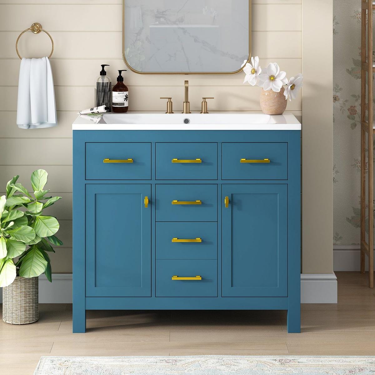 36" Bathroon Vanity with Resin Sink Combo Set,Modern Freestanding Single Bathroom Cabinet with 4 Drawers & 2 Cabinets,Storage Cabinet for Bathroom, Solid Wood Frame Vanity Set, Blue