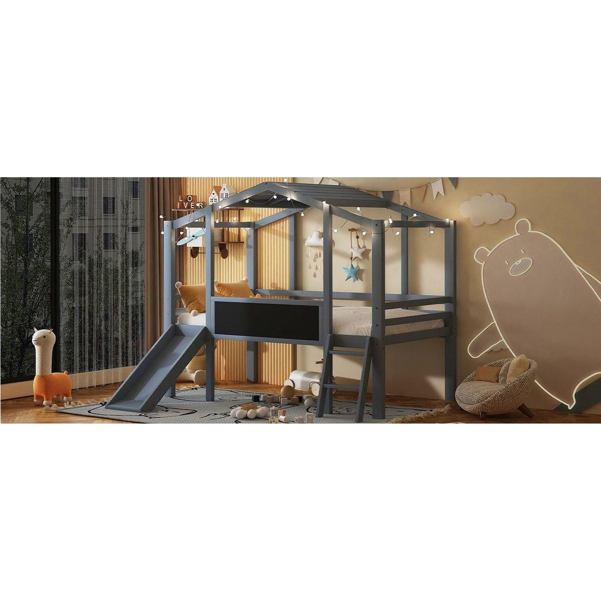 Twin Size Loft Bed with Ladder and Slide, House Bed with Blackboard and Light Strip on the Roof, Gray