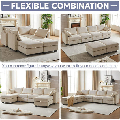 113.5" Modular Sectiona Corduroy Sofa, Sectional Couches for Living Room U Shaped Sectional Couch with Storage Ottoman, 6 Seats Convertible Sectionals with Chaise