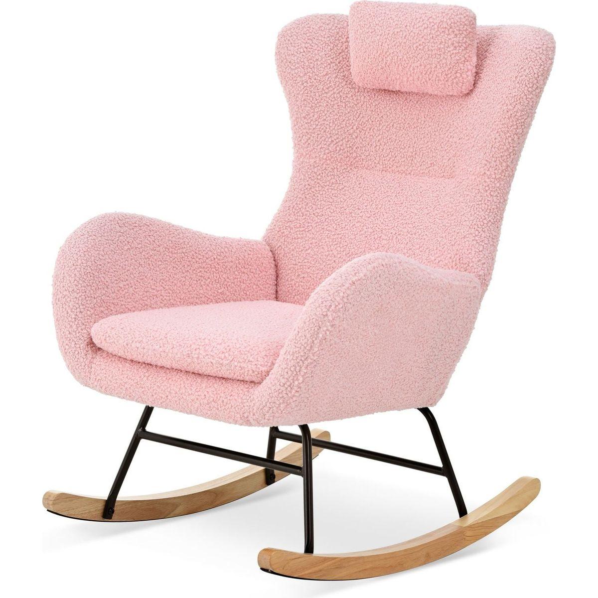 Rocking Chair Nursery, Teddy Upholstered Rocker Glider Chair with High Backrest, Adjustable Headrest & Pocket, Comfy Glider Chair for Nursery, Bedroom, Living Room, Offices, Rubber wood, pink