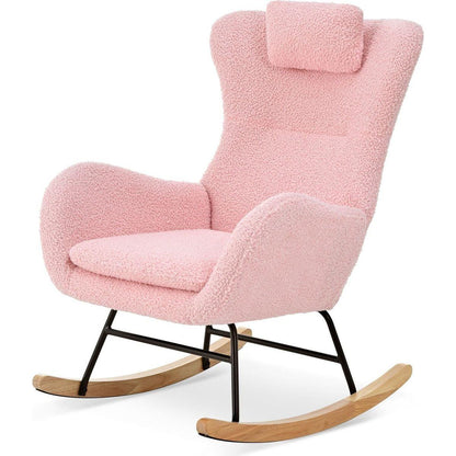 Rocking Chair Nursery, Teddy Upholstered Rocker Glider Chair with High Backrest, Adjustable Headrest & Pocket, Comfy Glider Chair for Nursery, Bedroom, Living Room, Offices, Rubber wood, pink