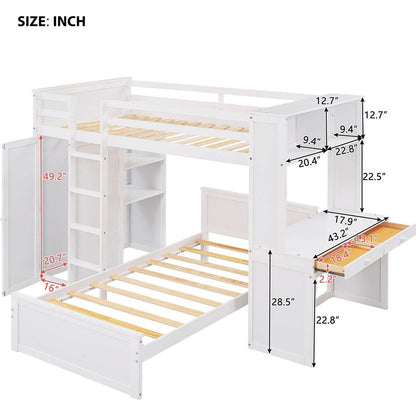 Twin size Loft Bed with a Stand-alone bed, Shelves,Desk,and Wardrobe-White