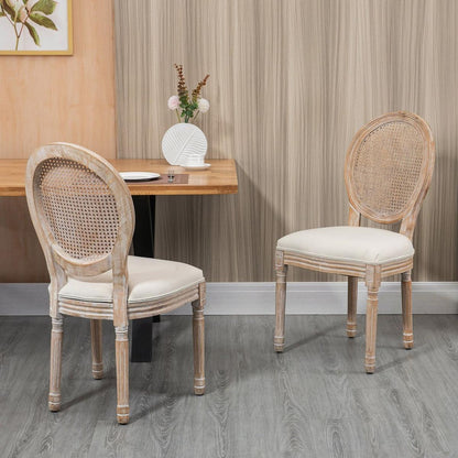 French-Style Upholstered Dining Chair Set, Armless Accent Side Chairs with Rattan Backrest and Linen-Touch Upholstery, Set of 2, Cream White