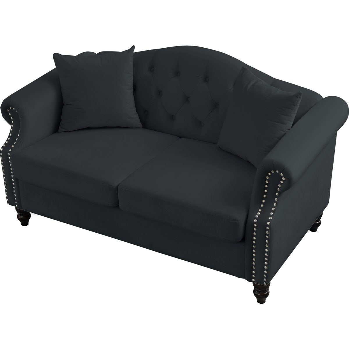 57" Chesterfield Sofa Black Velvet for Living Room, 2 Seater Sofa Tufted Couch with Rolled Arms and Nailhead for Living Room, Bedroom, Office, Apartment, two pillows