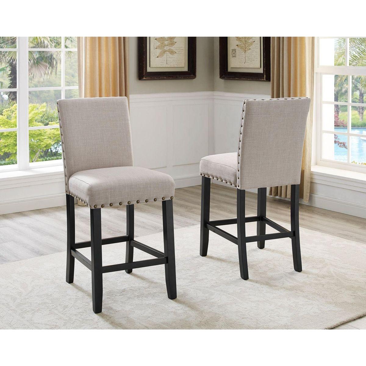 Biony Tan Fabric Counter Height Stools with Nailhead Trim, Set of 2