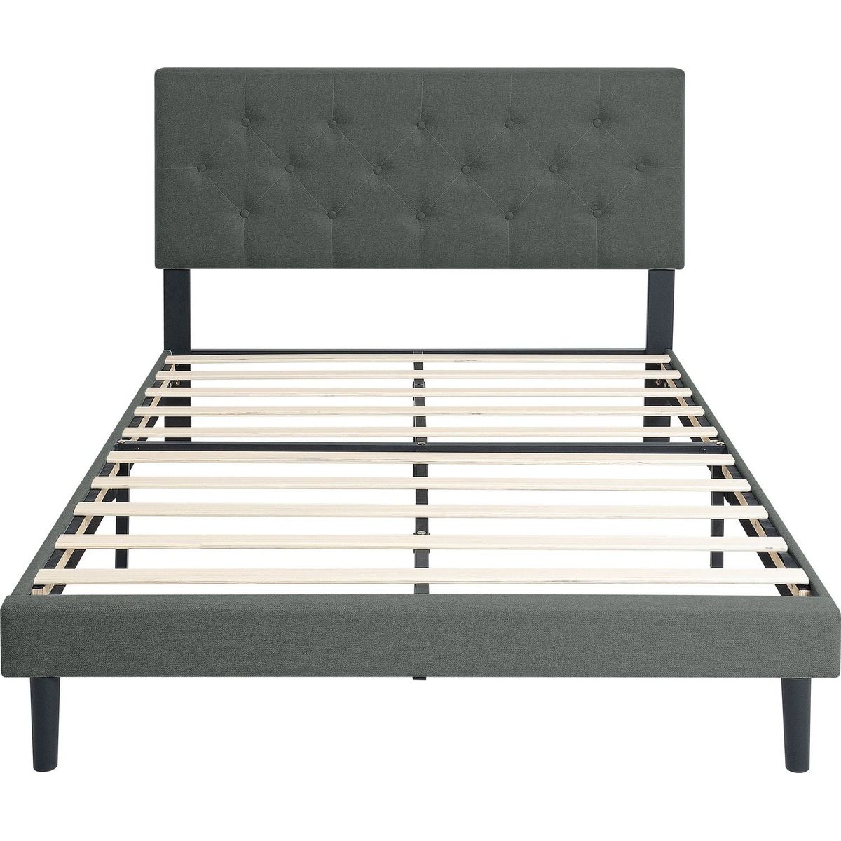 Queen Size Upholstered Platform Bed Frame with Modern Button Tufted Linen Fabric Headboard, No Box Spring Needed, Wood Slat Support, Easy Assembly, Dark Grey