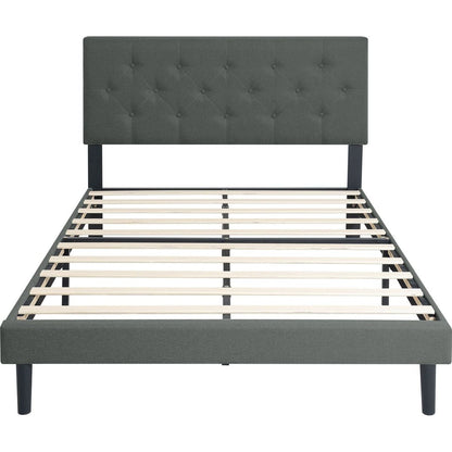 Queen Size Upholstered Platform Bed Frame with Modern Button Tufted Linen Fabric Headboard, No Box Spring Needed, Wood Slat Support, Easy Assembly, Dark Grey