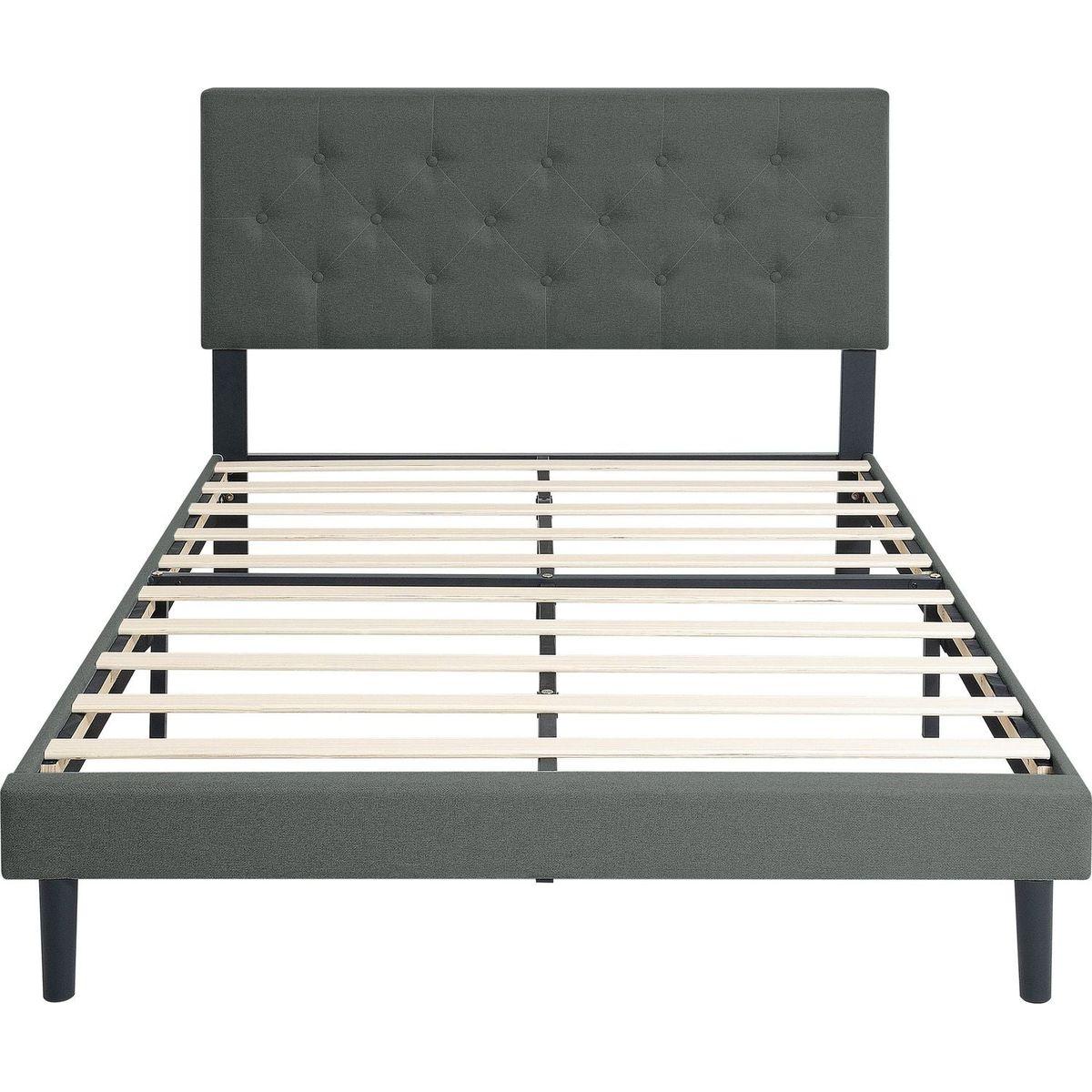 Twin Size Upholstered Platform Bed Frame with Modern Button Tufted Linen Fabric Headboard, No Box Spring Needed, Wood Slat Support, Easy Assembly, Drak Grey