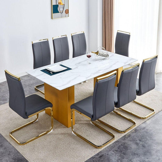 Table and chair set.Large modern rectangular table with 0.4 inch patterned glass tabletop and large MDF table legs.Comes with 8 chairs with faux leather cushioned seats and golden metal legs.