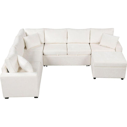 112.2" Sectional Sofa Pull-out Sofa Bed Sleeper with a Storage Ottoman,Three Pillows and Charging Devices for Living Room, Cream
