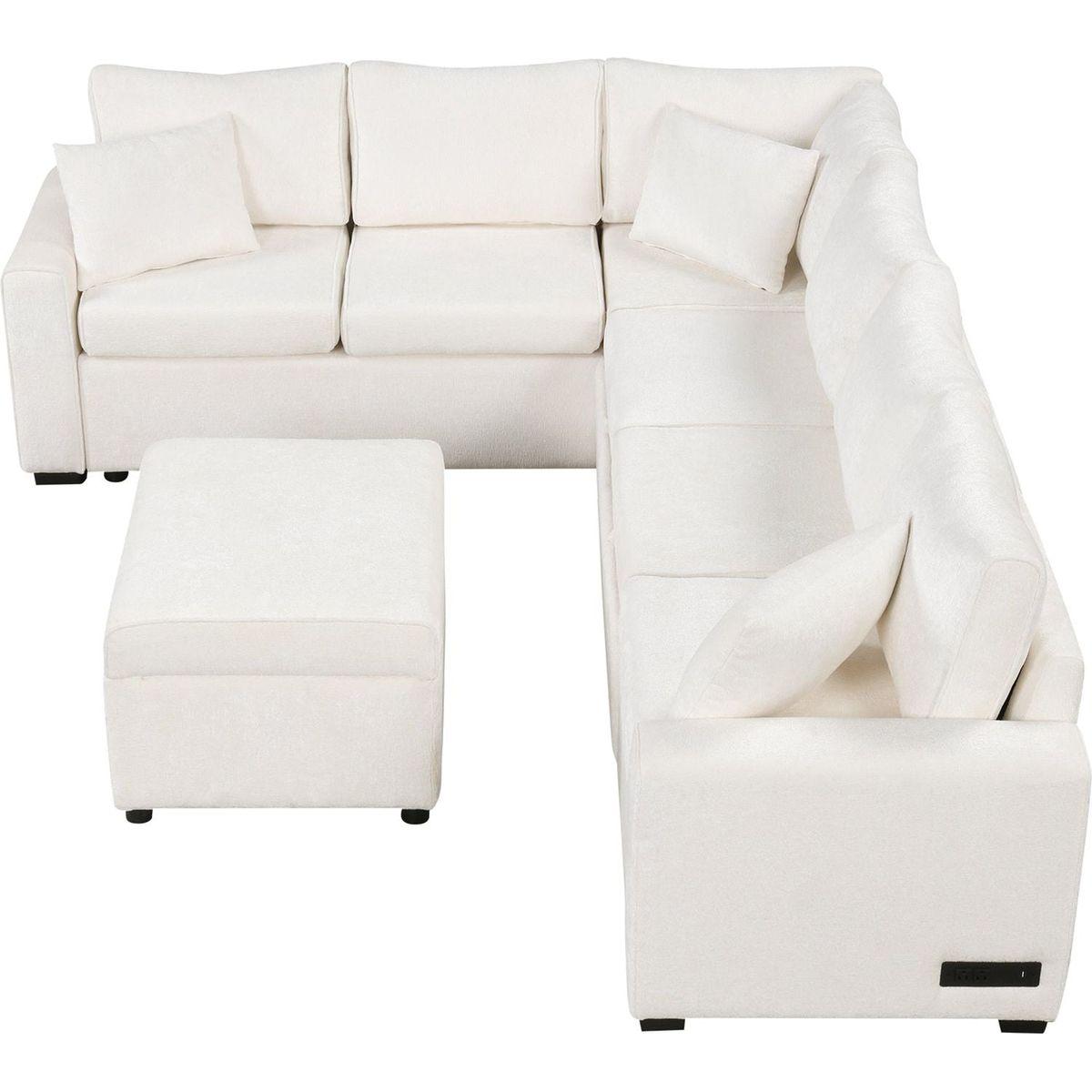 112.2" Sectional Sofa Pull-out Sofa Bed Sleeper with a Storage Ottoman,Three Pillows and Charging Devices for Living Room, Cream
