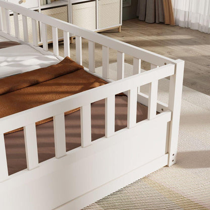 Twin Size Floor bed, integral construction with super high security barrier, door, children's floor bed frame, Montessori wooden children's floor bed, white