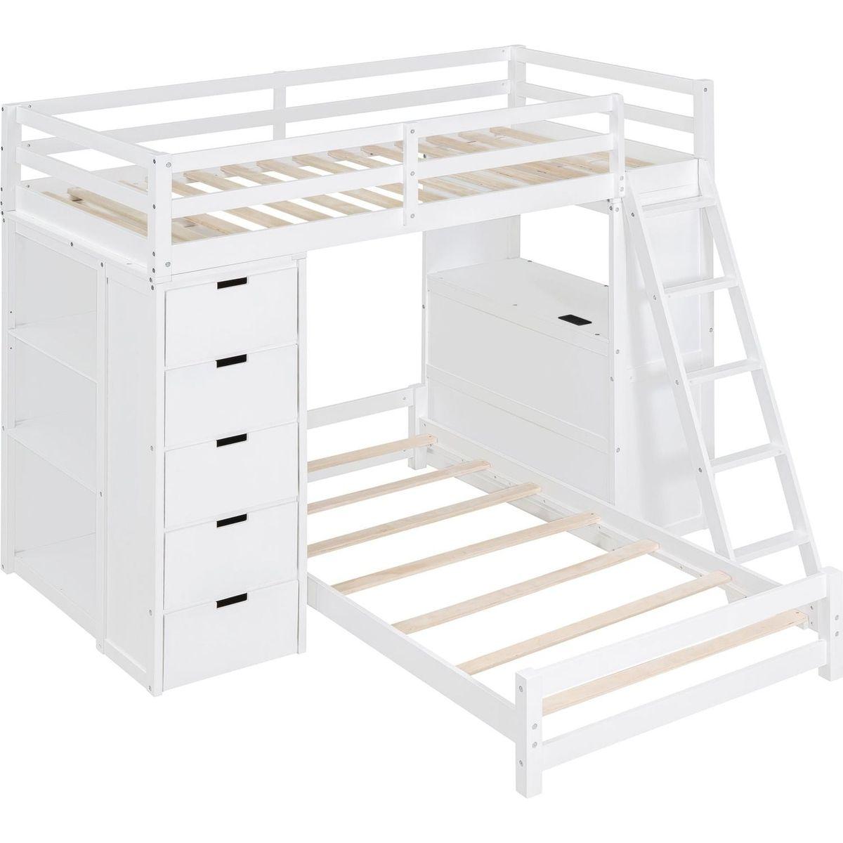 Twin over Twin Bunk Bed with LED Light and USB Ports, White