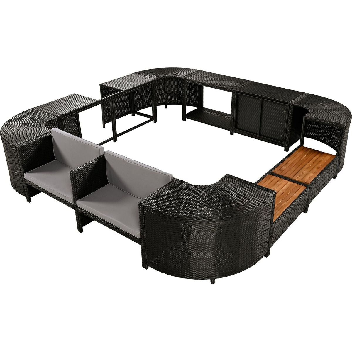 Spa Surround Spa Frame Quadrilateral Outdoor Rattan Sectional Sofa Set with Mini Sofa, Wooden Seats and Storage Spaces, Grey