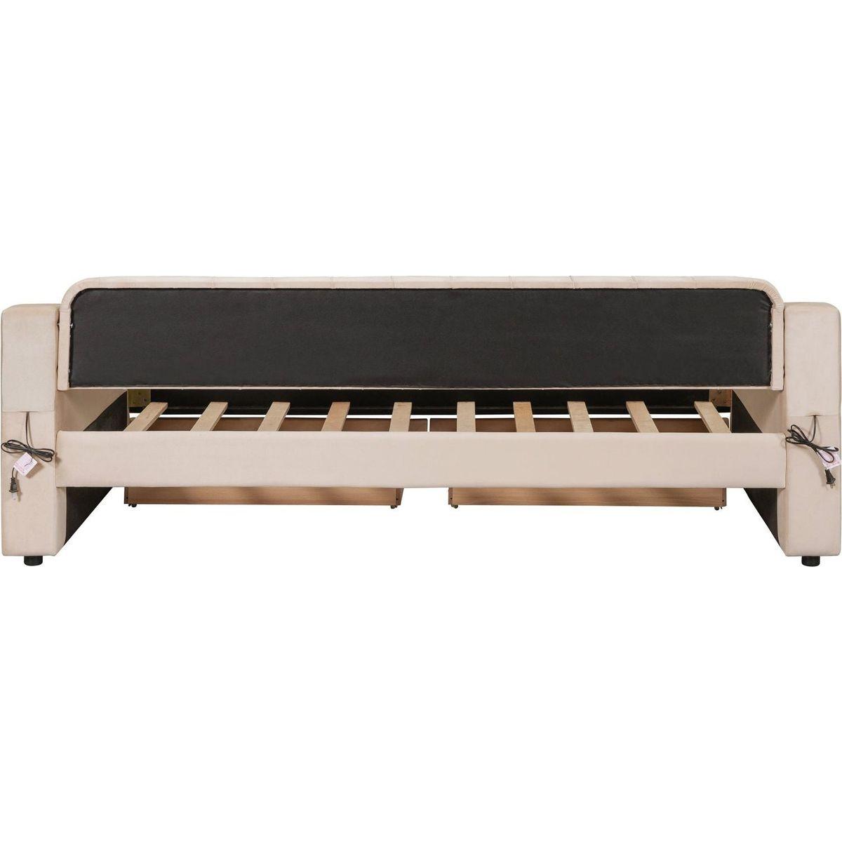 Twin Size Upholstered Daybed with Storage Armrests and USB Port, Beige