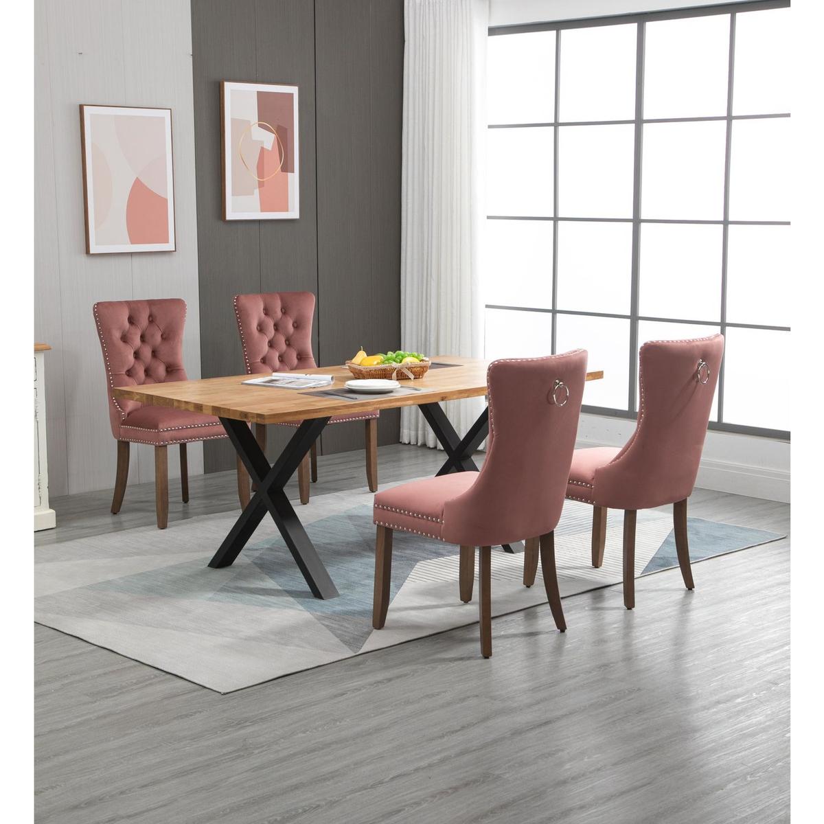 Upholstered Button Tufted Back Pink Velvet Dining Chair with Nailhead Trim and Solid Wood Legs 2 Sets