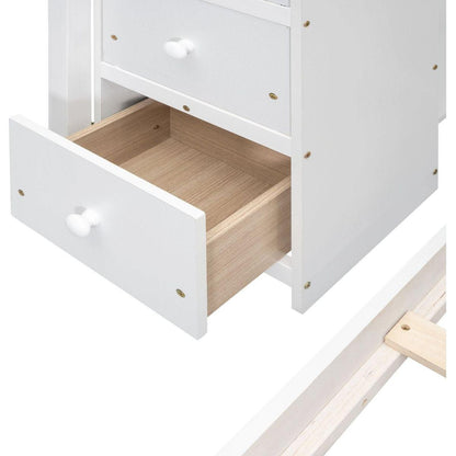 Twin Over Full Bunk Bed with 3-layer Shelves, Drawers and Storage Stairs, White