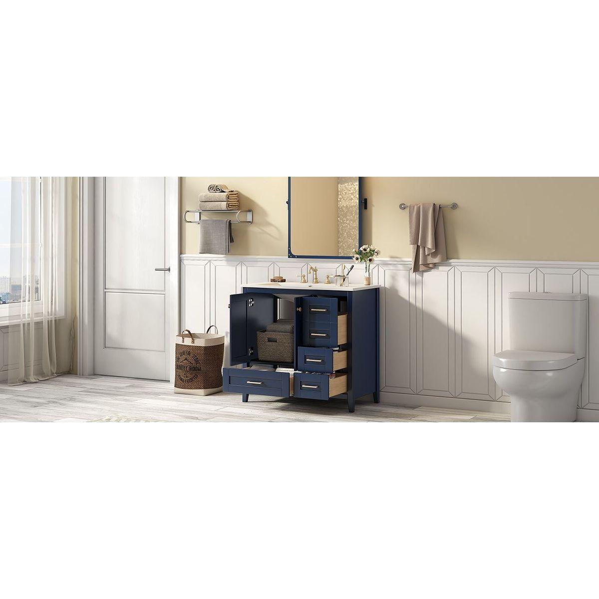 36" Bathroom Vanity with Sink Combo Set, Modern Bathroom Cabinet with 4 Drawers, Freestanding Wood Bathroom Vanity Set with Solid Wood Feet, Blue