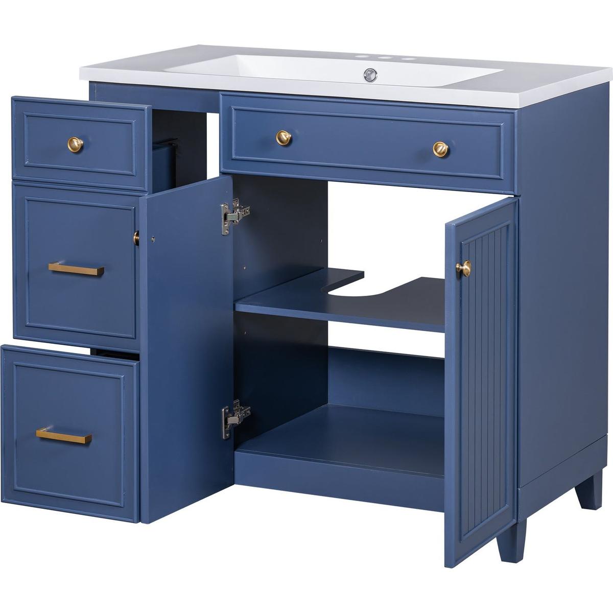 36-inch Bathroom Vanity, Transitional Style Bathroom Cabinet with Resin Sink, Navy Blue Single Bathroom Cabinet, with 2 Drawers and 1 Adjustable Storage Shelf, 2 Soft-close Doors