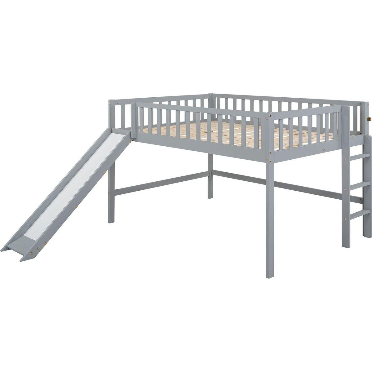 Full Size Low Loft Bed with Ladder and Slide,Gray