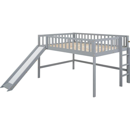 Full Size Low Loft Bed with Ladder and Slide,Gray