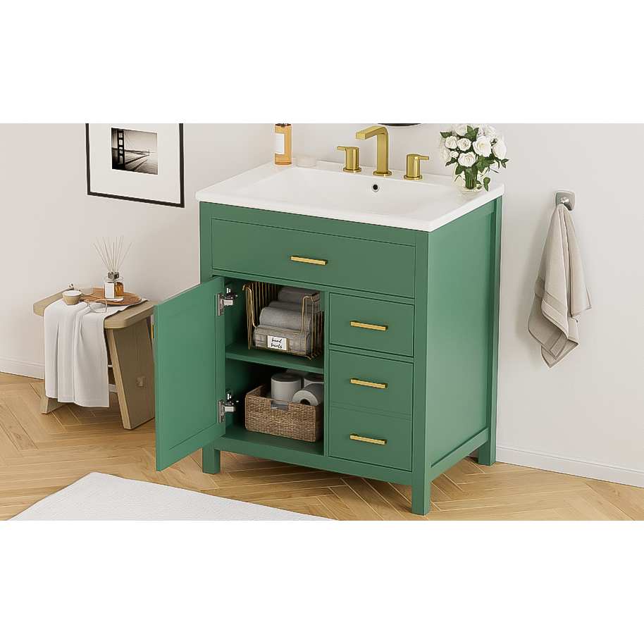 30-Inch Green Bathroom Vanity with Ceramic Sink and Ample Storage - Ideal Choice for Small Bathrooms