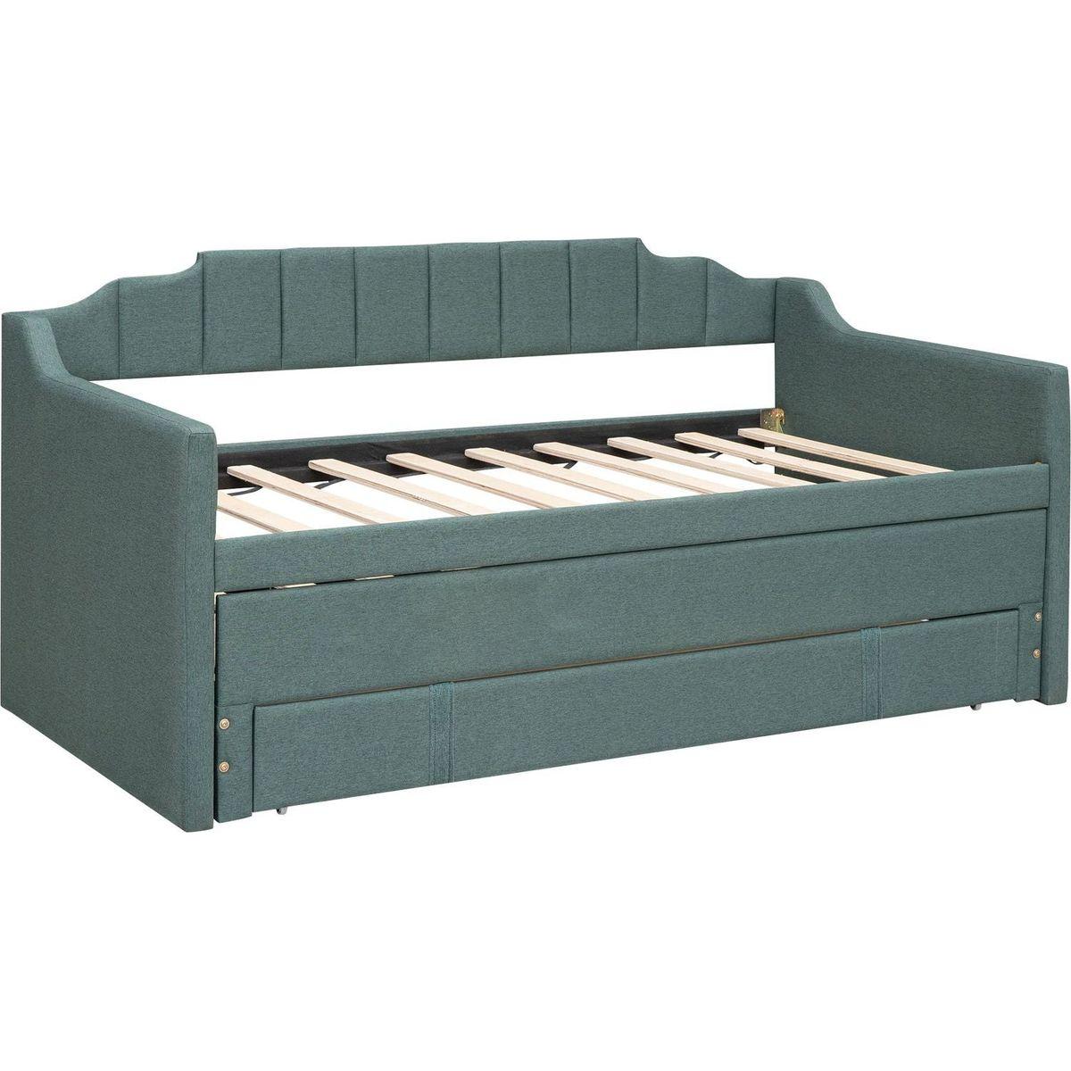 Twin Size Upholstered Daybed with Trundle and Three Drawers,Green