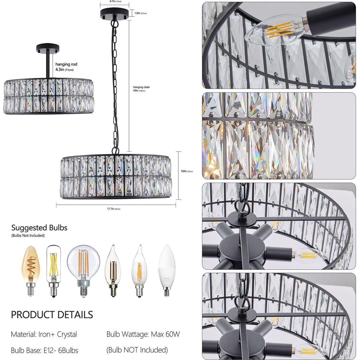 Modern Crystal Drum Chandelier, 6-Light Pendant Lighting Fixture with Black Metal Frame for Living Room, Dining Room, and Bedroom (Bulbs Not Included)