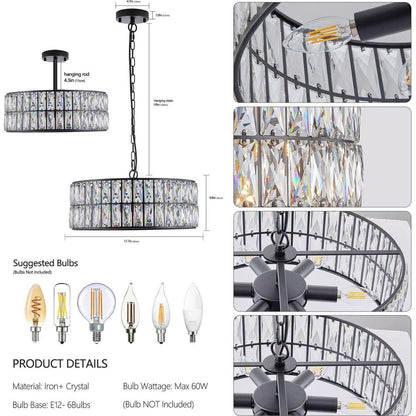 Modern Crystal Drum Chandelier, 6-Light Pendant Lighting Fixture with Black Metal Frame for Living Room, Dining Room, and Bedroom (Bulbs Not Included)