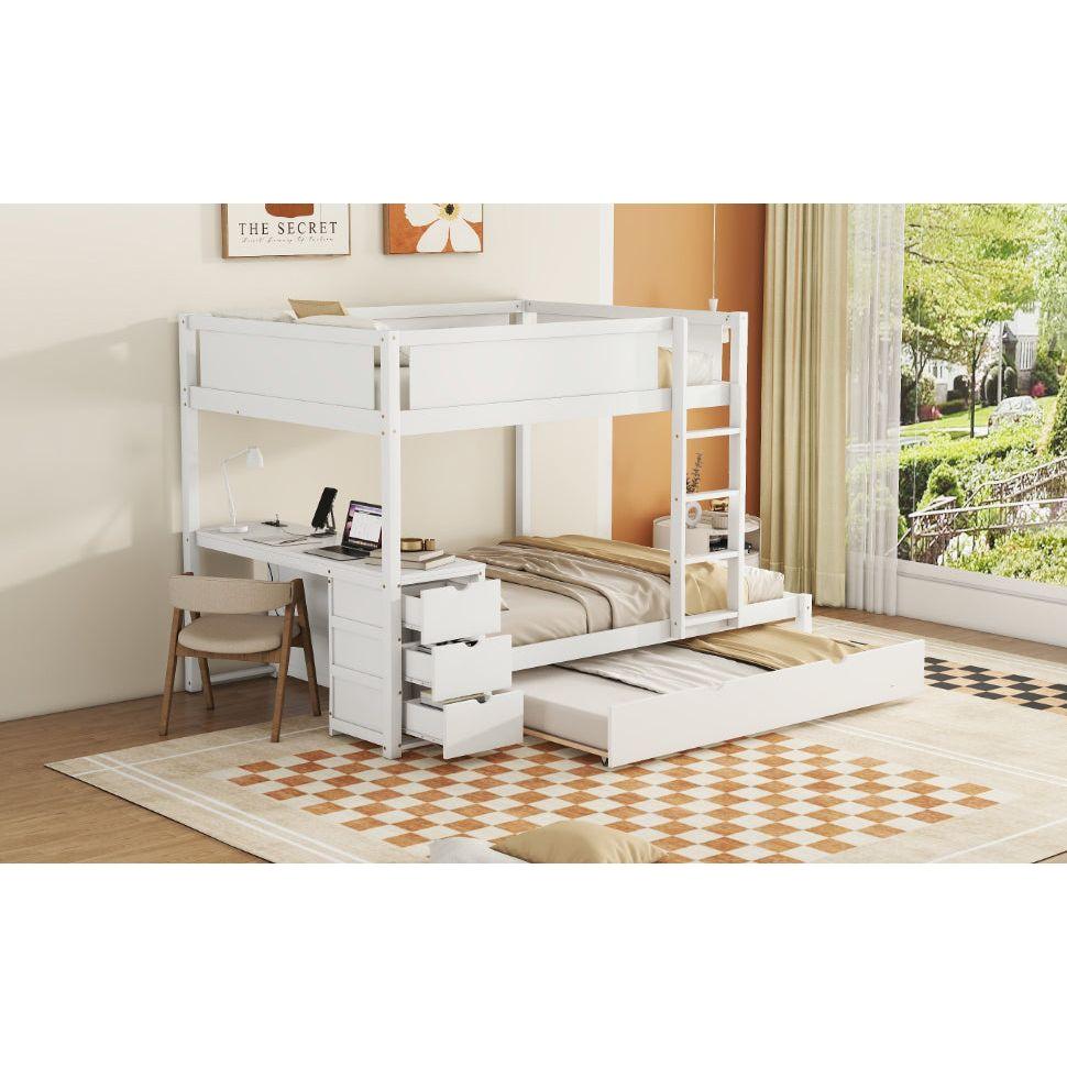 Full-Over-Full Bunk Bed with Twin size Trundle, Storage and Desk, White