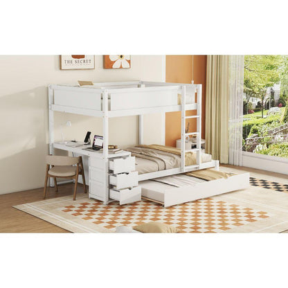 Full-Over-Full Bunk Bed with Twin size Trundle, Storage and Desk, White