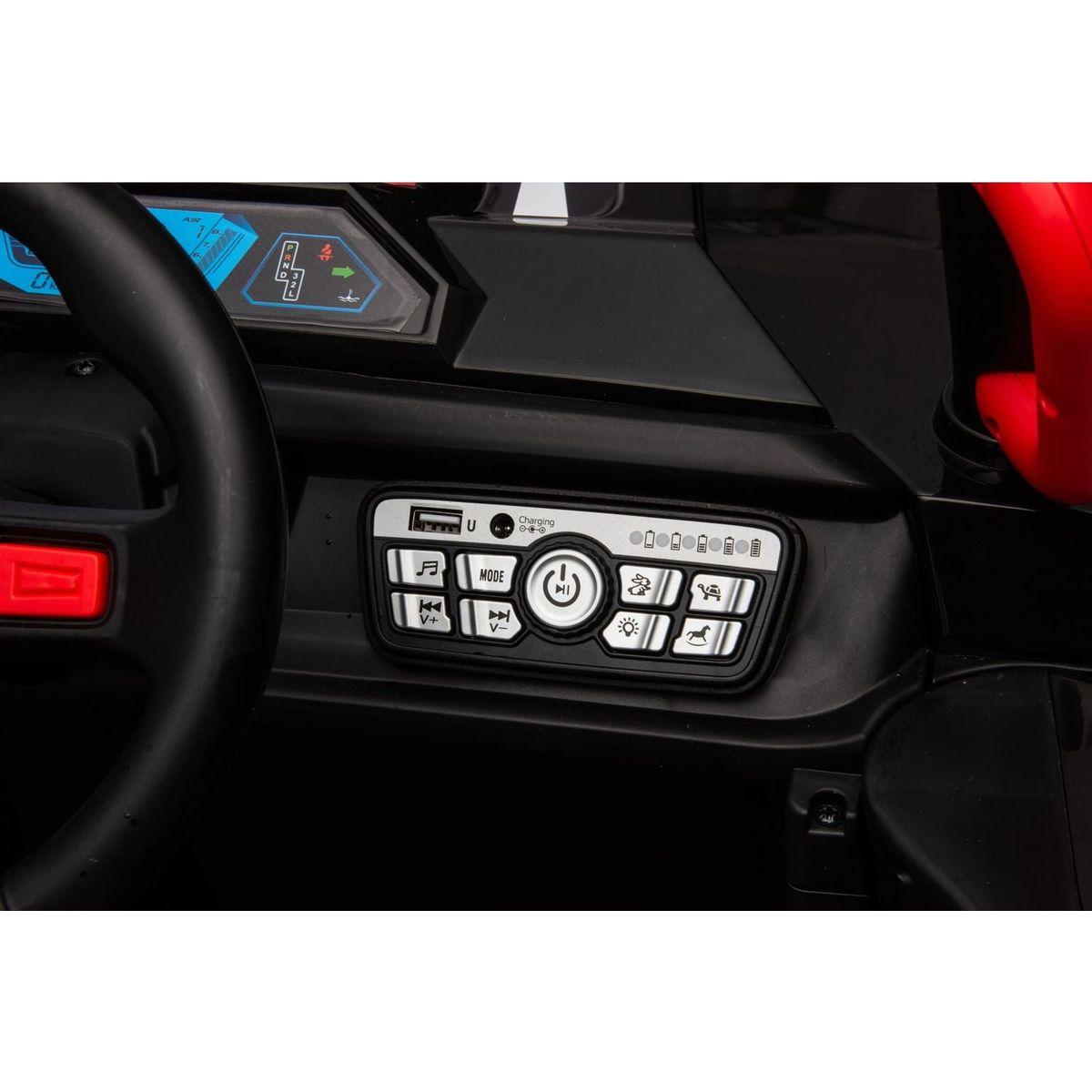 12v7ax2 30wx4 Four-wheel drive leather seat one button start,forward and backward, high and low speed, music, front light, power display, two doors can open, 2.4G R/C, seat belt four wheel absorber