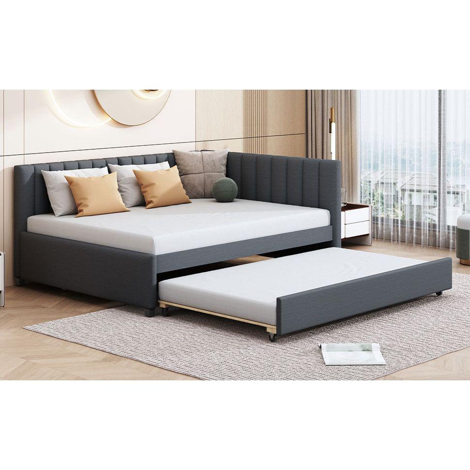 Full Size Upholstered Daybed with Trundle Sofa Bed Frame No Box Spring Needed, Linen Fabric(Gray)