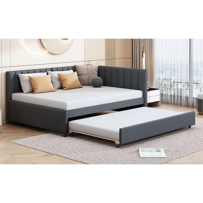 Full Size Upholstered Daybed with Trundle Sofa Bed Frame No Box Spring Needed, Linen Fabric(Gray)