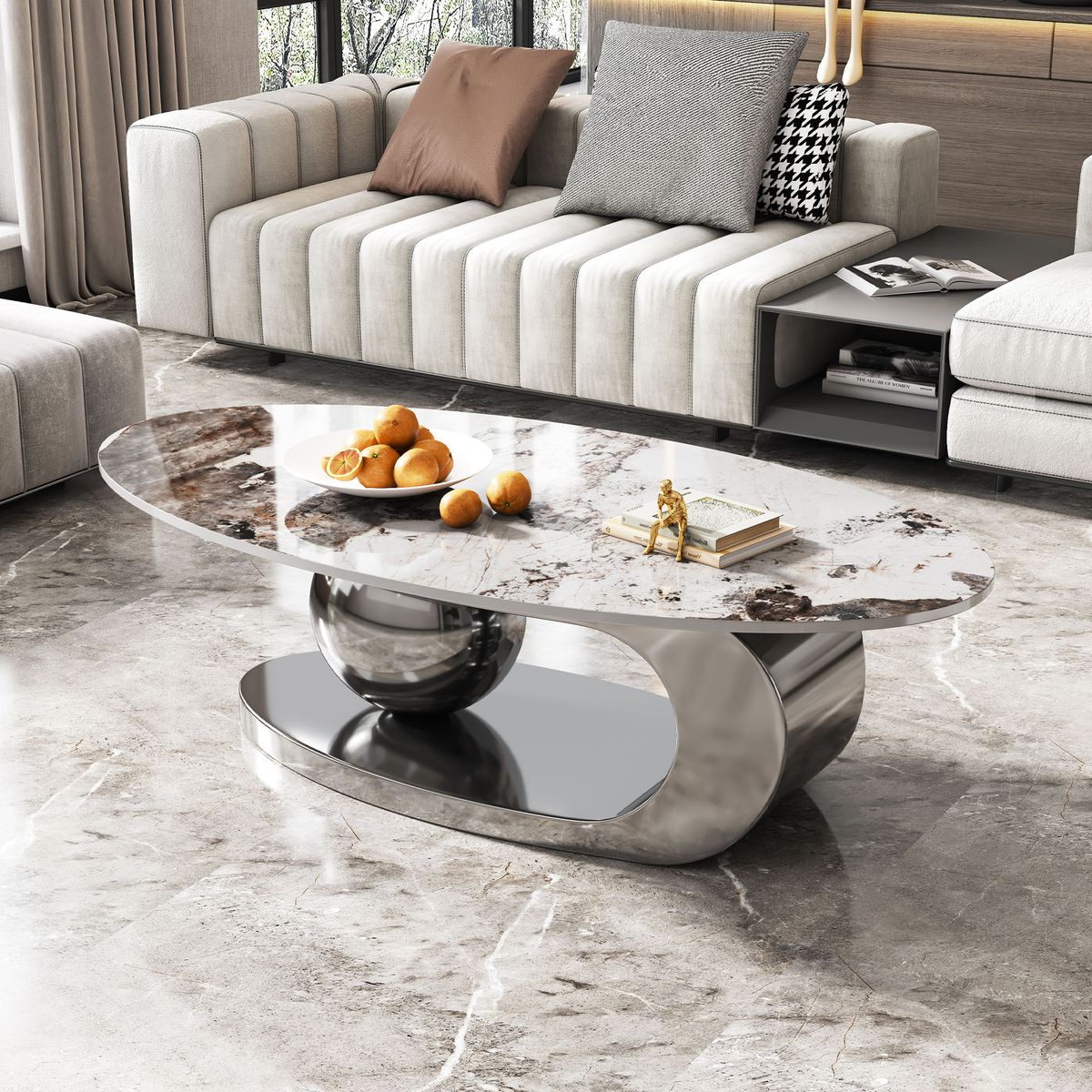 51 Inches Oval Faux Marble Coffee Table for Living Room with Stainless Steel Base