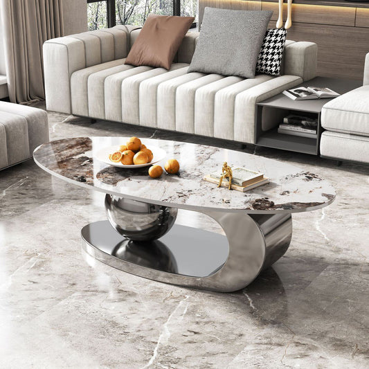 51 Inches Oval Faux Marble Coffee Table for Living Room with Stainless Steel Base