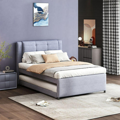 Full Size Upholstery platform bed with Trundle,Trundle can be flat or erected, Gray