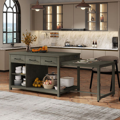TREXM Extendable Kitchen Island with Storage, Multi-Functional Kitchen Cart with Built-In Power Outlets, Retro Kitchen Island on Wheels with Drawers and Open Shelves for Kitchen (Gray)