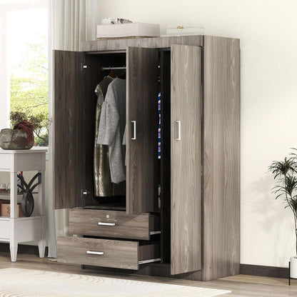 3-Door Wardrobe with 2 Drawers, Wood Grain Effect in Gray