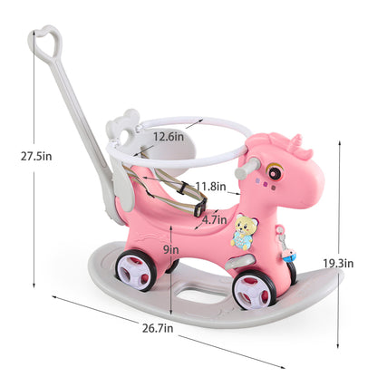 Rocking Horse for Toddlers, Balance Bike Ride On Toys with Push Handle, Backrest and Balance Board for Baby Girl and Boy, Unicorn Kids Riding Birthday (Pink)