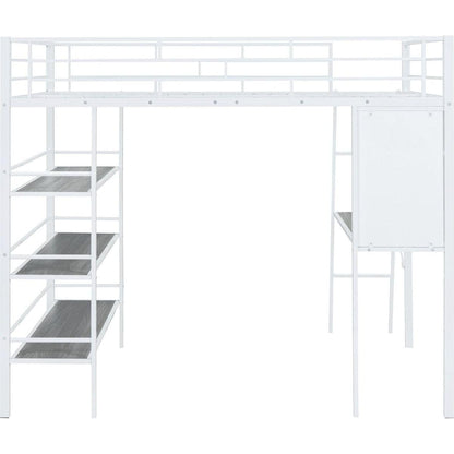 Full Size Loft Metal Bed with 3 Layers of Shelves and Desk, Stylish Metal Frame Bed with Whiteboard, White