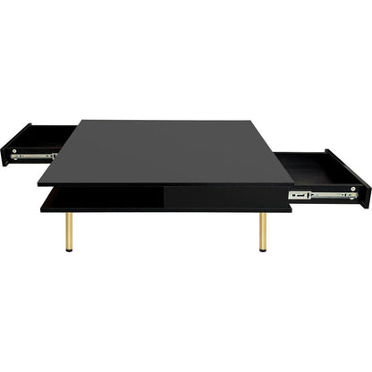 Exquisite High Gloss Coffee Table with 4 Golden Legs and 2 Small Drawers, 2-Tier Square Center Table for Living Room, Black